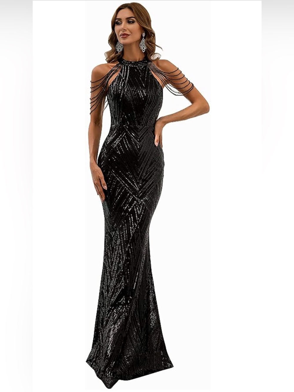 Miss Ord Woman’s Formal Halter Sequin Tassel Bodycon Maxi Prom Dress,